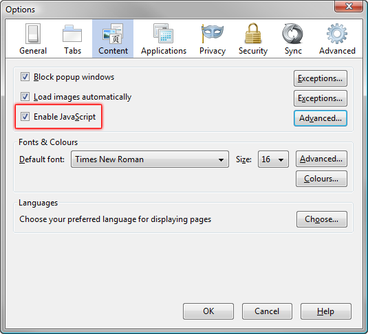 JavaScript enabled in Firefox