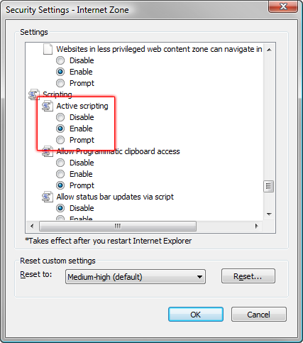 JavaScript enabled in IE